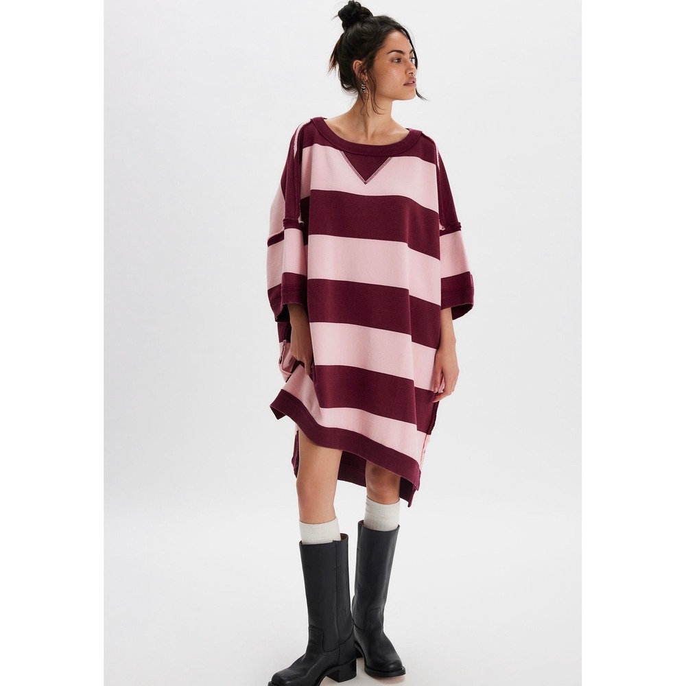 FP We The Free Out Here Striped Rugby Maxi Sweatshirt Dress In Pink Combo XS/S